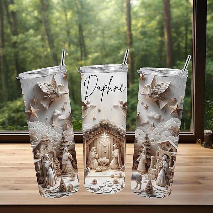 Custom Nativity Scene Tumbler with Straw, Personalized Christmas Religious Themed Insulated Drinkware, 20 oz
