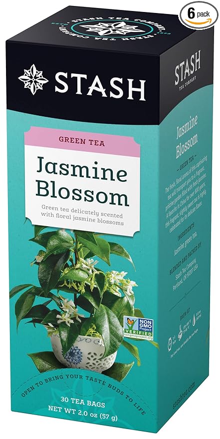 Stash Tea Jasmine Blossom Green Tea - Caffeinated, Non-GMO Project Verified Premium Tea with No Artificial Ingredients, 30 Count (Pack of 6) - 180 Bags Total