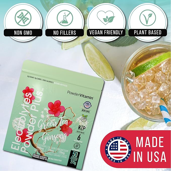 PowderVitamin Electrolytes Powder Plus (50 Servings) Green Tea Ginseng Electrolyte Powder Keto, Sugar Free, Pink Himalayan Salt,1000mg Potassium,120mg Calcium,120mg Magnesium, Hydration Powder