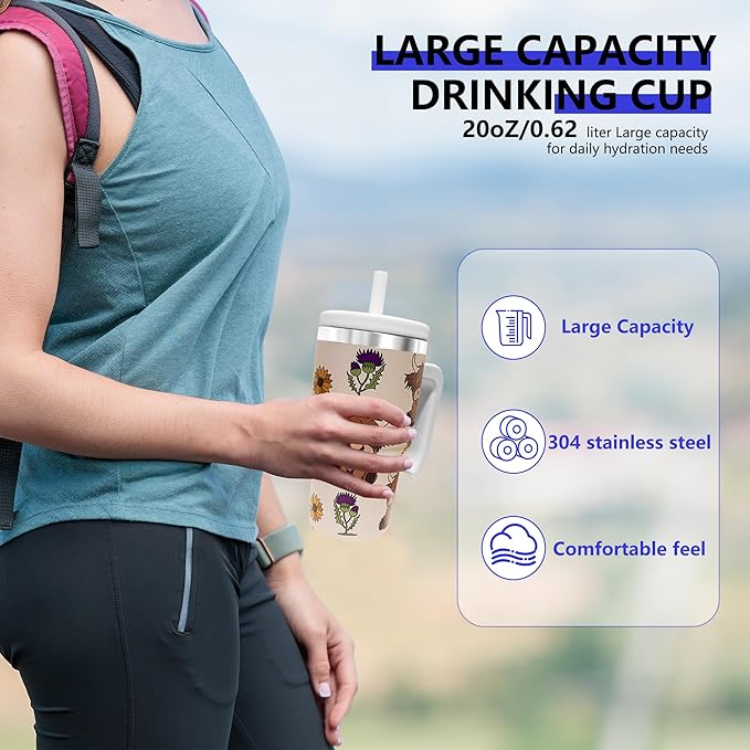 20-OZ Insulated Water Bottle,Insulated Stainless Steel Tumbler,Reusable Cold Drink Thermos,BPA-Free, Double-Wall Stainless Steel Water Bottle (Cream-Higland cow, 20, Fluid Ounces)