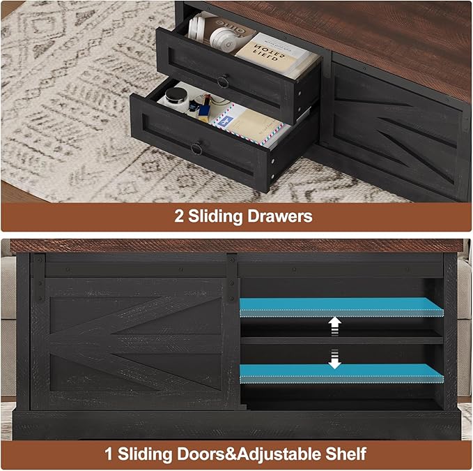 Itaar 39.4'' Lift Top Coffee Table with Storage, Farmhouse Coffee Tables for Living Room, Square Coffee Table with Large Hidden Compartment & 2 Drawers & Adjustable Shelves, Black