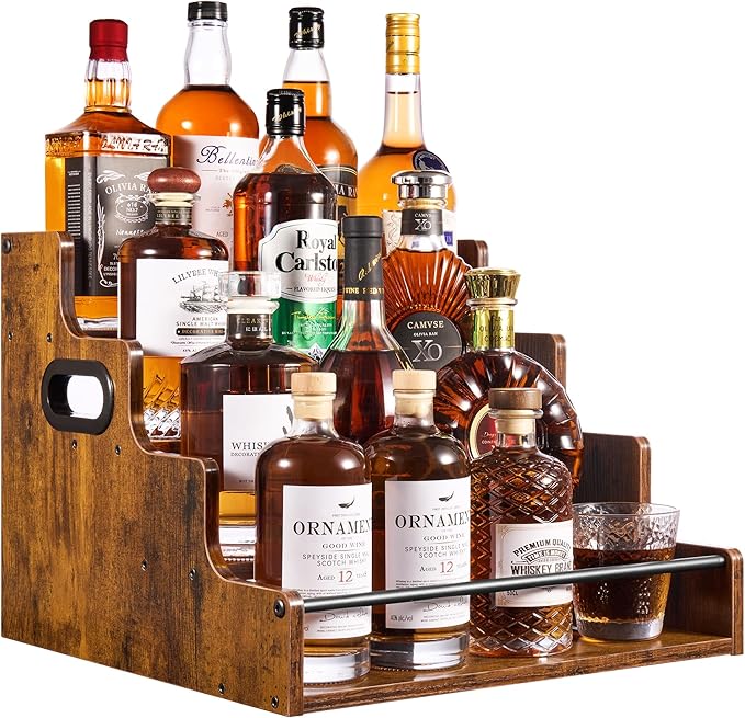 YQBRAO 4-Tier Liquor Bottle Display Shelf, Coffee Syrup Rack Organizer, Water Bottle Organizer, Mini Bar Cabinet, Rustic Bar Shelves for Liquor Whiskey, Spirits
