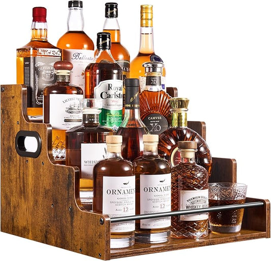 YQBRAO 4-Tier Liquor Bottle Display Shelf, Coffee Syrup Rack Organizer, Water Bottle Organizer, Mini Bar Cabinet, Rustic Bar Shelves for Liquor Whiskey, Spirits
