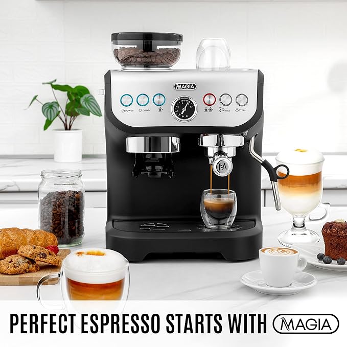 Zulay Kitchen Magia Manual Espresso Machine with Built-In Grinder & Steam Wand – 15 Bar Pressure Espresso Maker, 2L Removable Water Tank, Milk Frother, Complete Home Barista Set, Black & Silver