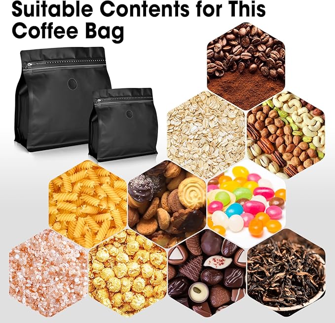50 Count 16oz Coffee Bags with Valve,1lb Vented Coffee Beans Packaging Bags High Barrier Aluminumed Foil Flat Bottom Heat Sealed Side Zipper Resealable Storage Bag for Home or Business（Black）