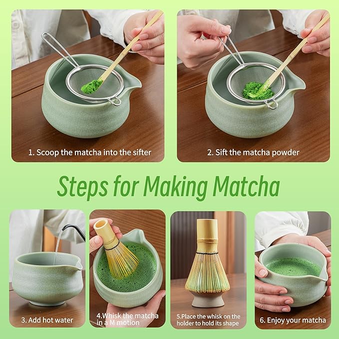 TEANAGOO Matcha Whisk Set Green,7 Pcs Matcha Set,Matcha Starter Kit for Ceremony,Matcha Tea Set for Making Breakfast/Latte,Green Matcha Bowl(Chawan) whith Spout and Whisk,Gift for Friend/Family