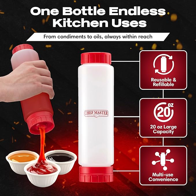 Chef Master Squeeze Bottles for Sauces (20oz) - Inverted, FIFO Refillable Bottle - Condiment Squeeze Bottles for Liquids, Sauces, Batter & Dressing - Made for Restaurants, Diners & Food Trucks - 90291