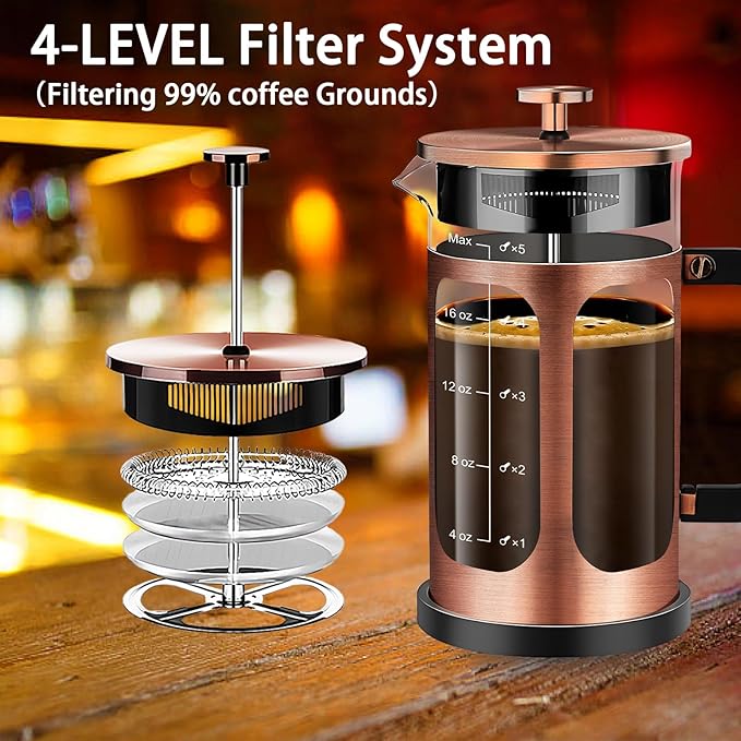 YMMIND French Press Coffee Maker (21oz 600ML 3-4Cup) Coffee Press, with 4 Filters System, Heat Resistant Thickness Borosilicate Glass, Cold Brew Coffee Tea Pot Gifts (Copper)
