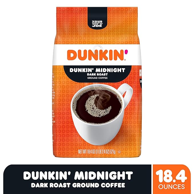Dunkin’ Midnight Dark Roast Ground Coffee, 18.4 Ounce Bag (Pack of 6)