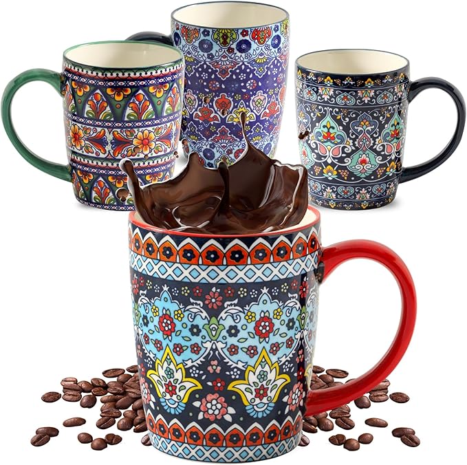 HASENSE Coffee Mugs, 15 OZ Coffee Cups Ceramic Set of 4 with Handle and Bohemian Style for Man Woman, Vintage Stoneware Porcelain Coffee Cups Set for Tea, Cocoa, Milk, Latte and Cappuccino - Multi