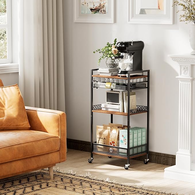 K Cup Holder Cart, Coffee Station Organizer for Nespresso Vertuo Capsule and K Cup Capsule, Multi-Functional Coffee Bar Cart Accessories Organizer with Wheels for Living Room, Kitchen