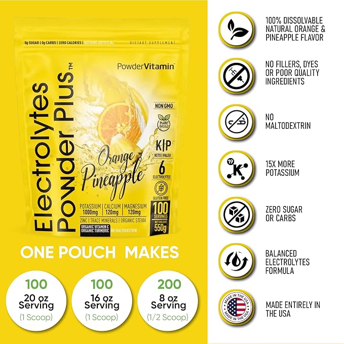 PowderVitamin Electrolytes Powder Plus (100 Servings) Orange Pineapple Electrolyte Powder Zero Calorie, Keto, 0 Sugar, No Maltodextrin,1000mg Potassium,120mg Calcium,120mg Magnesium, Hydration Powder