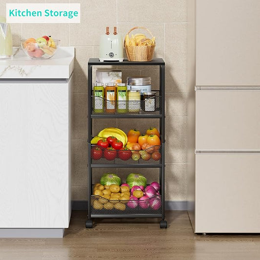 HapiRm Fruit Basket Kitchen Cart - 4-Tier Rolling Storage Cart with Wheels, Fruit Vegetable Basket with Wood Top, Pantry Utility Kitchen Organizer for Fruit Potato Onion Vegetable Bread Snack