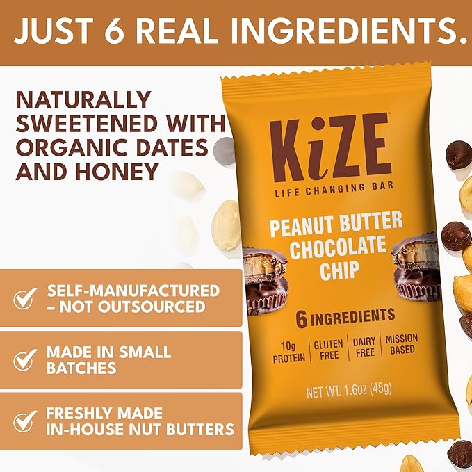 KiZE Energy Bars - Peanut Butter Chocolate Chip - 20-Count - Gluten Free, Dairy Free, Non-GMO, and High Protein Meal Replacement Energy Bars, Clean and Simple Food Ingredients - 10g High Protein Snacks (20 Count)
