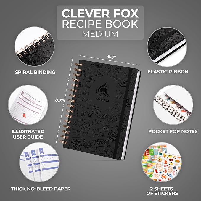 Clever Fox Recipe Book Spiral – Make Your Own Family Cookbook – Blank Recipe Notebook Organizer – Empty Cooking Journal to Write In Recipes – Medium Size, 6.3”x8.3”, Hardcover (Black)