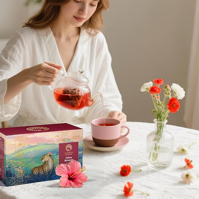 Blooms & Leopard Premium Herbal Tea Bags – Feline Blossom Blend with Hibiscus, Licorice, Fennel, Tulsi & Shatavari – Caffeine-Free Tea – 20 Pyramid Tea Bags, Caffeine-Free for Hot or Iced Tea
