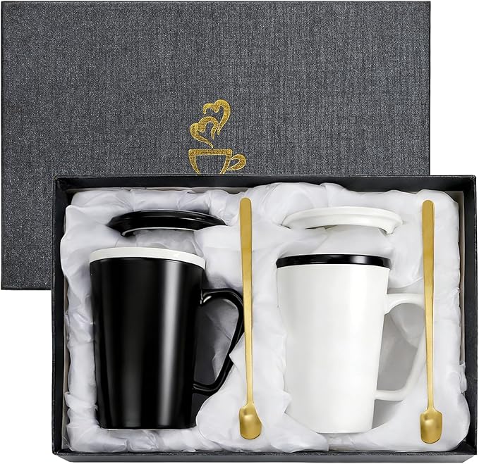 ZENFUN 2 Pc Ceramic Mugs Set for Couple, Coffee Mugs with Gift Box, Engagement Wedding Gift His and Hers, 13 oz Porcelain Mug Set with Lid and Gold Spoon(Black&White)