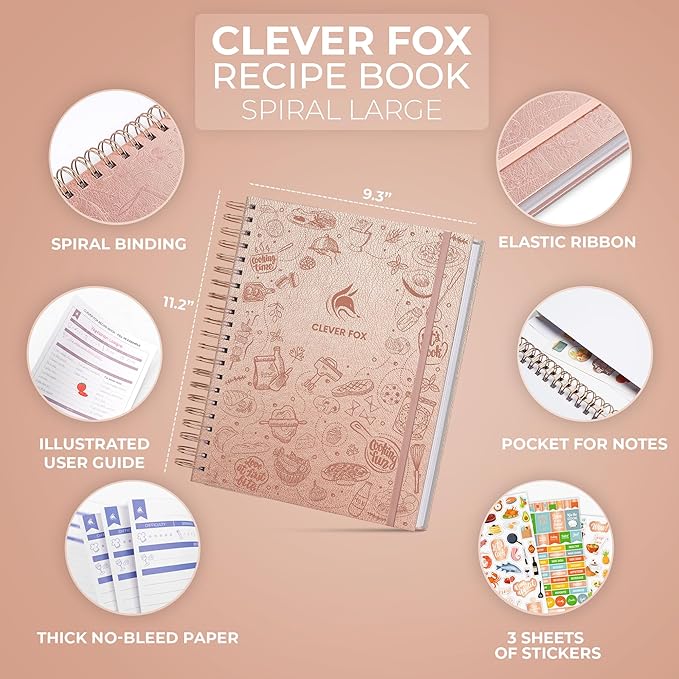 Clever Fox Recipe Book Spiral – Blank Family Cookbook – Empty Cooking Journal – Notebook Organizer to Write In Recipes – Large (Rose Gold)