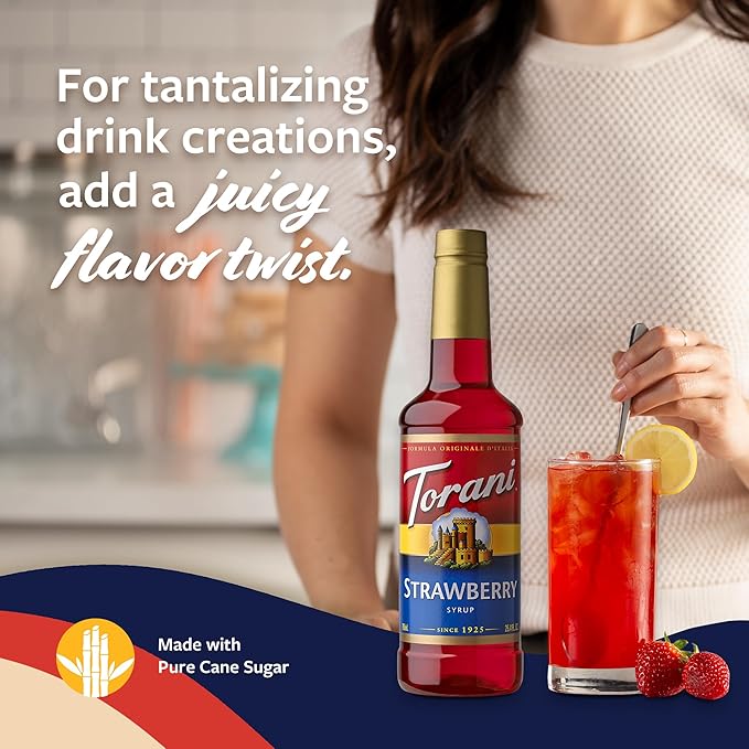 Torani Strawberry Syrup for Drinks, Flavoring for Iced Tea, Lemonade, and Sodas, Pump Included, 25.4 Oz