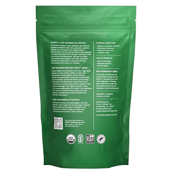 Purity Coffee EASE Low Acid Dark Roast Whole Bean (12oz Bag) | Specialty-Grade USDA Organic Arabica Blend | Third Party Tested for Mold, Mycotoxins & Pesticides