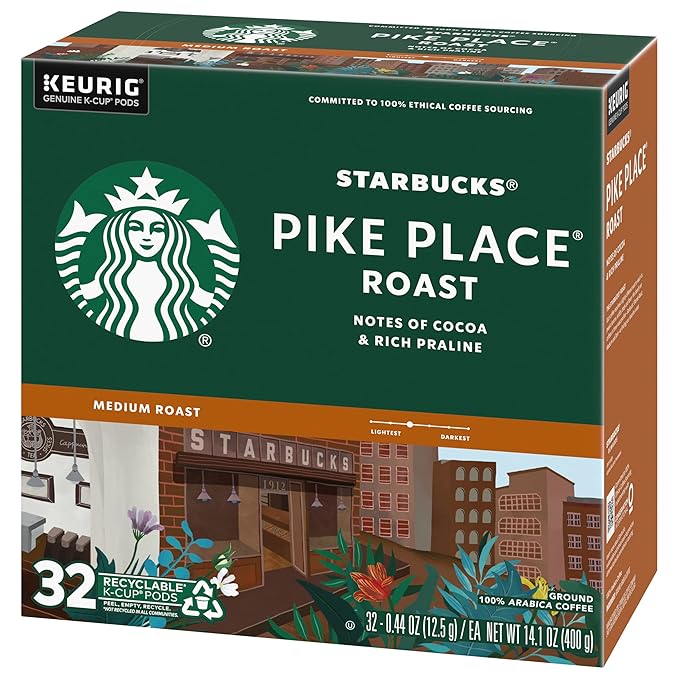 Starbucks Coffee K-Cup Pods for Keurig Brewers, Pike Place Roast, Medium Roast (32 Count (Pack of 4))