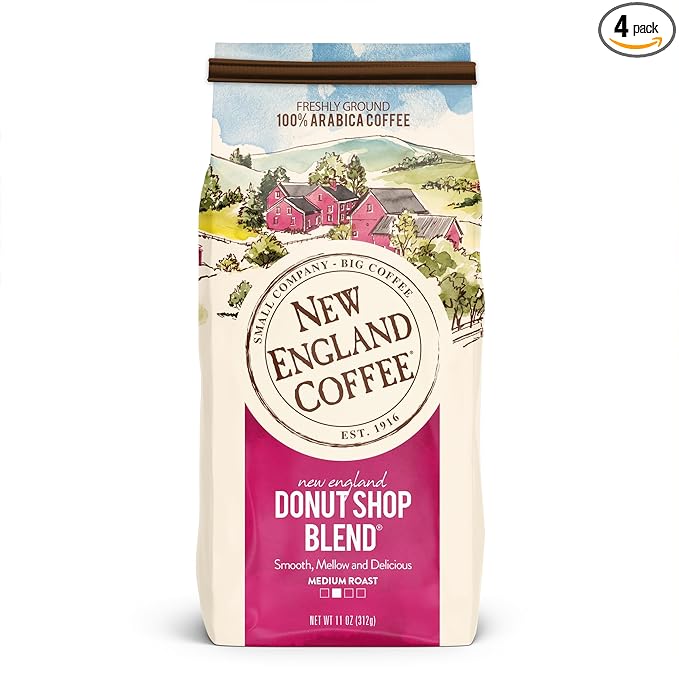 New England Coffee Donut Shop Blend Medium Roast Ground Coffee, 18oz Bag (Pack of 4)