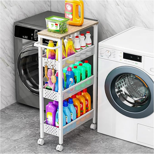 Utility Slim Storage Cart, 4 Tier Small Rolling Kitchen Laundry Room Cart with Wood Top, Metal Bathroom Storage Cabinet Mobile Shelf Unit Organizer Trolley with Handle for Narrow Space
