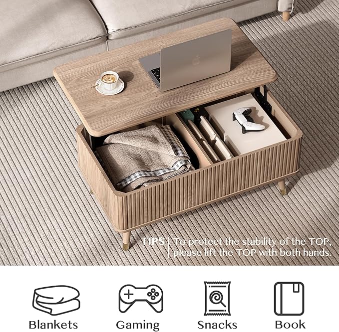 Lift Top Coffee Table with Storage,Natural Wood Center Table for Living Room, Modern Farmhouse Oak Fluted Design,Pop-Up Desk for Work & Dining