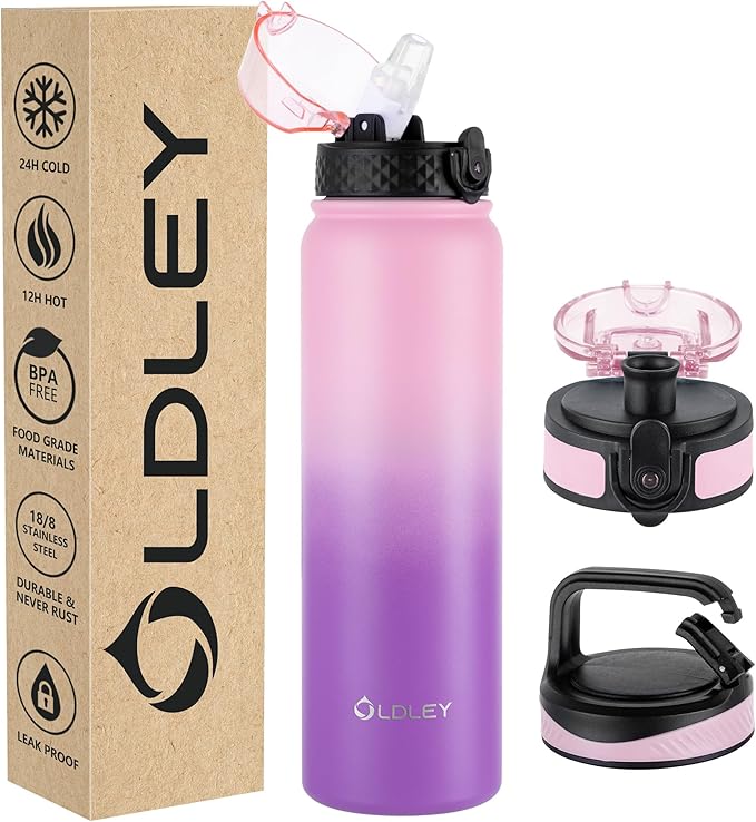 OLDLEY Insulated Water Bottle 32oz Water Bottles with Straw, Stainless Steel Water Bottle with 3 Lids, Double Wall Vacuum Bottles for Adult Kids, Sports Bottles for School Travel,Ombre Pink-Purple