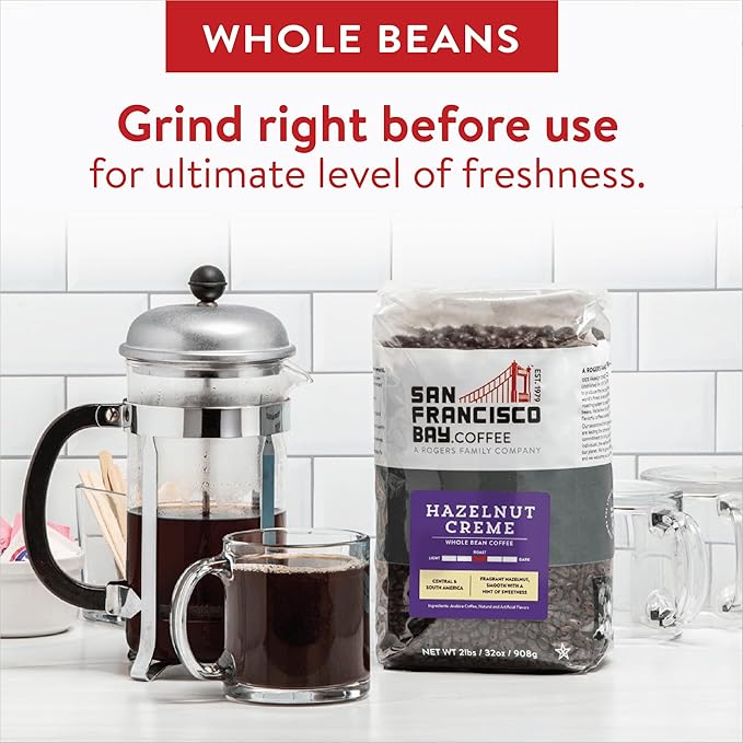 SAN FRANCISCO BAY SF Bay Coffee Crème Whole Bean 2LB Flavored Medium Roast, Hazelnut, 2 Pound (Pack of 1), 32 Ounce