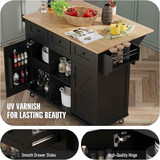 Kitchen Island with Storage on Wheels, 53" Large Rolling Kitchen Island with Drop Leaf, Mobile Kitchen Islands Cart with 3 Drawers 2 Cabinet, Open-Shelf, Islands Table (Black, 3 Drawers)