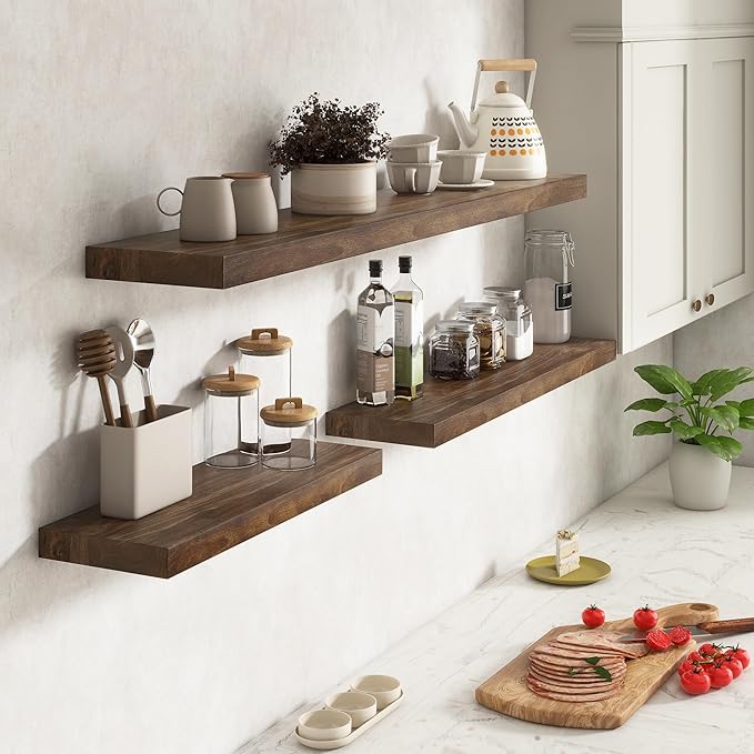 Elm Floating Shelves for Wall Decor, Rustic Solid Wood Shevles Wall Mounted with Invisible Bracket for Living Room Bathroom Bedroom Kitchen, 24 Inch Set of 2, Walnut