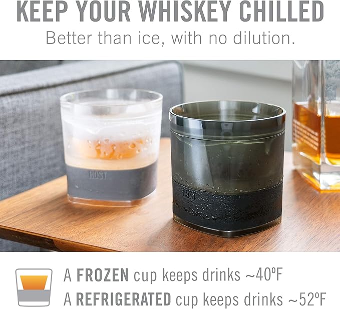 Host Whiskey Freeze Glasses, Double Old Fashioned Glasses with Oak Wood Design Silicone Band, Chill Without Dilution for Bourbon, Vodka, Rum, Bourbon Gifts for Men, Gifts for Him, 9 oz, Set of 2
