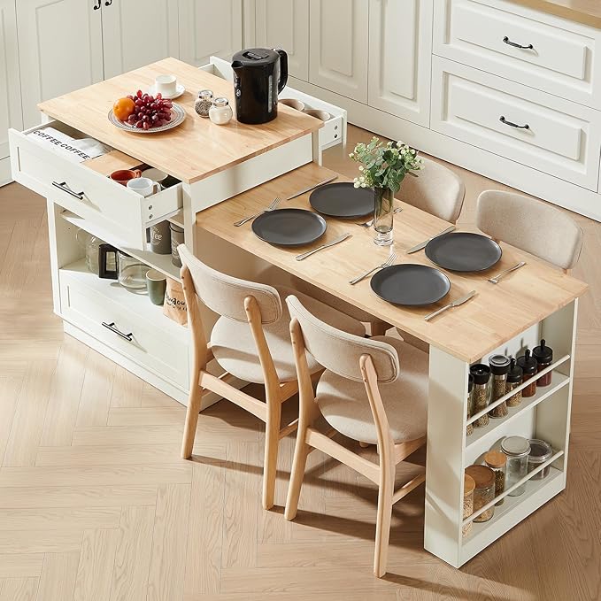 ONBRILL 76" Kitchen Islands with Extendable Dining Table, 2-4 Island Table with Double-Side Storage, Mobile Storage Islands Cart with Power Outlet & Spice Rack, White