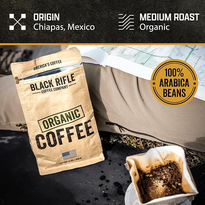 Black Rifle Coffee Company Organic, 12oz Bag, Whole Bean Medium Roast - Roasted Blend Made from Arabica Beans - Colombian & Brazilian Beans - Veteran Founded & American Made