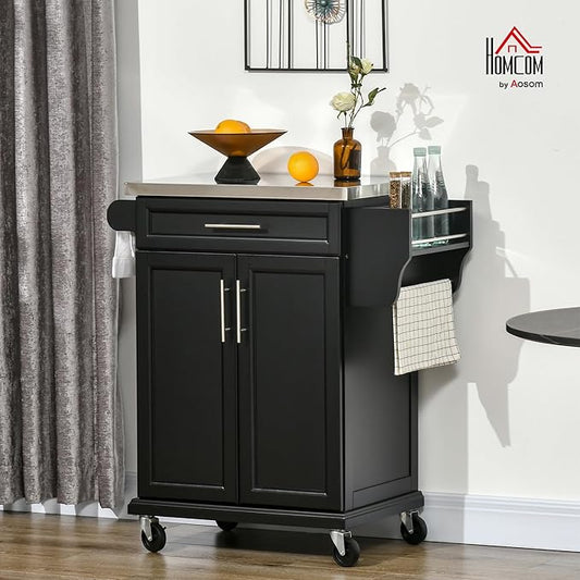 HOMCOM Kitchen Island on Wheels, Rolling Kitchen Cart with Stainless Steel Countertop, Drawer, Towel Rack and Spice Rack, Utility Storage Trolley, Black