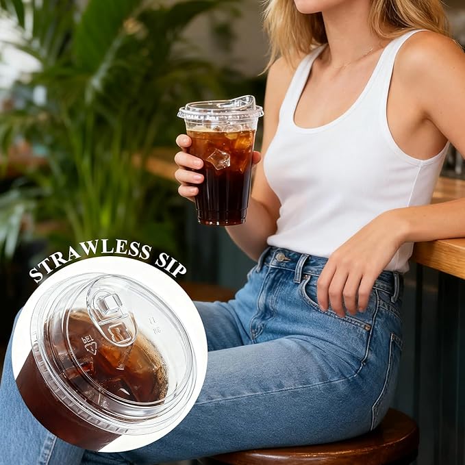 Goodluck 100 Pack 20 oz Plastic Cups With Strawless Sip Lids, Disposable Iced Coffee Cups with Lid, Clear To Go Cups for Smoothies, Party Drinks, Bubble Tea, Cold Beverage, Straws Included BPA Free