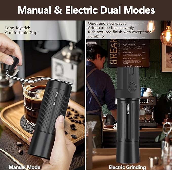 Burr Coffee Grinder 2-in-1 Manual/Electric, 40mm Stainless Steel Conical Burr Coffee Bean Grinder, USB Rechargeable Home Use, 16 Grind Levels for Espresso/Drip/French Press/Mocha (Black)