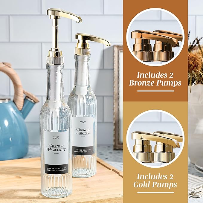 COOK WITH COLOR Glass Coffee Syrup Dispenser with Pump- Set of 2 Syrup Bottles for Coffee Bar, Decorative 350 ML Bottle with Ceramic Holder, Funnel, Labels and Extra Pumps, Textured Clear