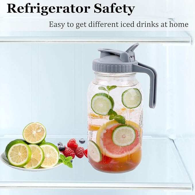Mason Jar Pitcher Wide Mouth 64 OZ Glass Jars With Pour Spout Lids Airtight Leak-proof 2 Quart Water Pitcher With Handle For Iced Tea, Milk, Sun Tea, Lemonade, Iced Coffee