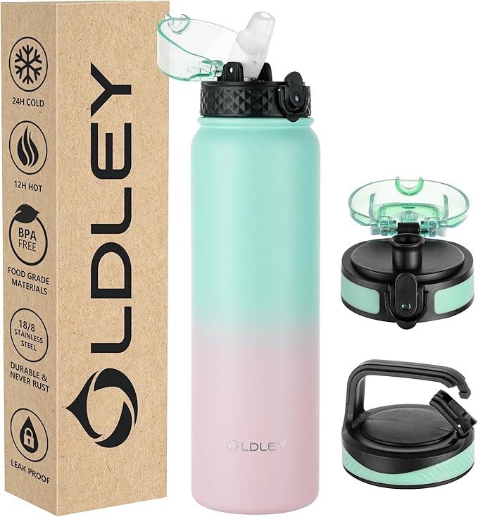 Oldley Insulated Water Bottle 32oz Water Bottles with Straw, Stainless Steel Water Bottle with 3 Lids, Double Wall Vacuum Bottles for Adults, Leak-proof Sports Bottles for School Travel,Green-Pink