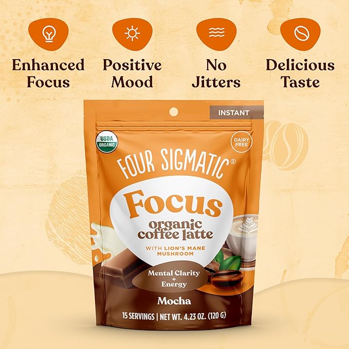 Four Sigmatic Mocha Focus Mushroom Coffee Latte | Plant-Based Organic Instant Latte with Lion’s Mane Mushroom for Focus and Mental Clarity | Made With Just 6 Organic Ingredients | 4.23 oz Bag