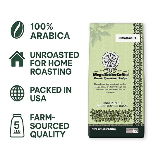 Unroasted Green Coffee Beans, Mega Beans Coffee, Specialty Grade Green Coffee Beans. (5 LB, Nicaragua)
