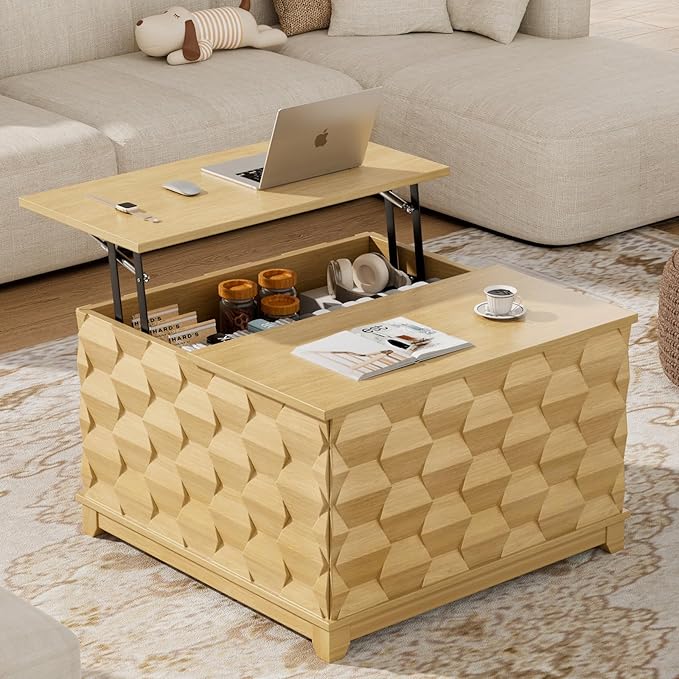 Lift Top Coffee Table, 31.5'' Square Coffee Table with with Storage, Farmhouse Coffee Tables with Hidden Storage, Center Table with Embossed Texture for Living Room, Home Office, Natural