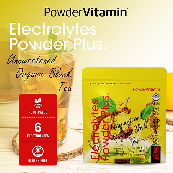 PowderVitamin Electrolytes Powder Plus (50 Servings) Unsweetened Black Tea Electrolyte Powder Keto,SugarFree, Pink Himalayan Salt,1000mgPotassium,150mgCalcium,150mgMagnesium,Hydration Powder NO STEVIA