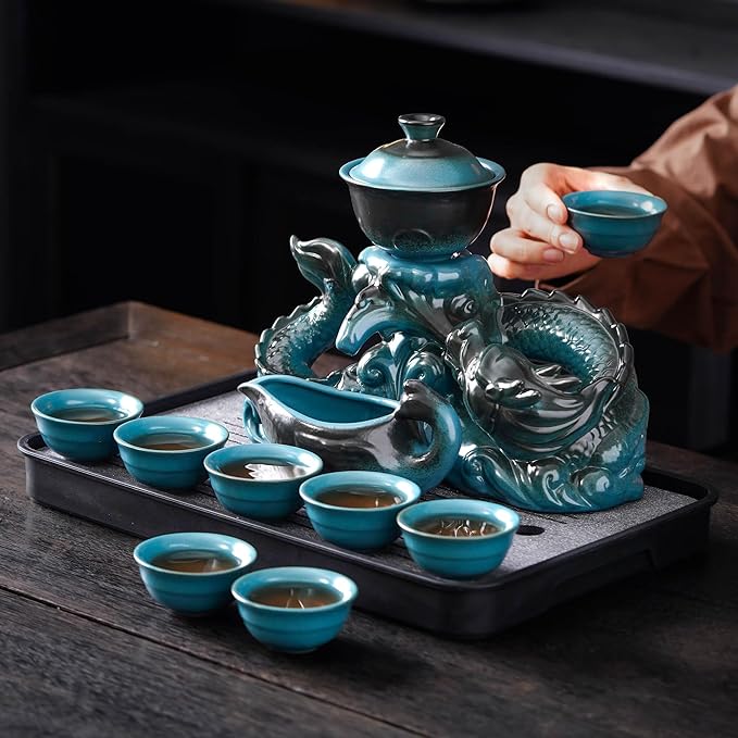Semi Automatic Tea Set Ceramic Teapot with Infuser Magic Teapot with 8 cups (Light Blue Dragon-D)