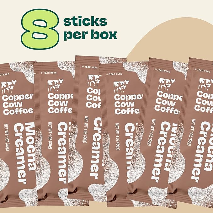 Copper Cow Coffee Sweetened Mocha Milk Creamer Singles (8 pack) | Vietnamese Inspired Coffee Creamer, All Natural Creamer Packets for Pour Overs & Lattes | No Refrigeration Needed, Travel Friendly