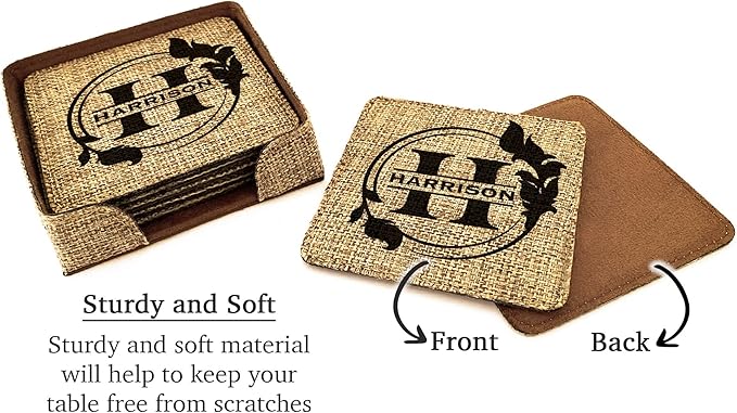 Smile Art Design Family Custom Monogram Coaster Set of 6 with Base Square Burlap Material Family Name and Date Personalized Prints Personalized Gifts House Warming Wedding Gift Rustic Decor Style1