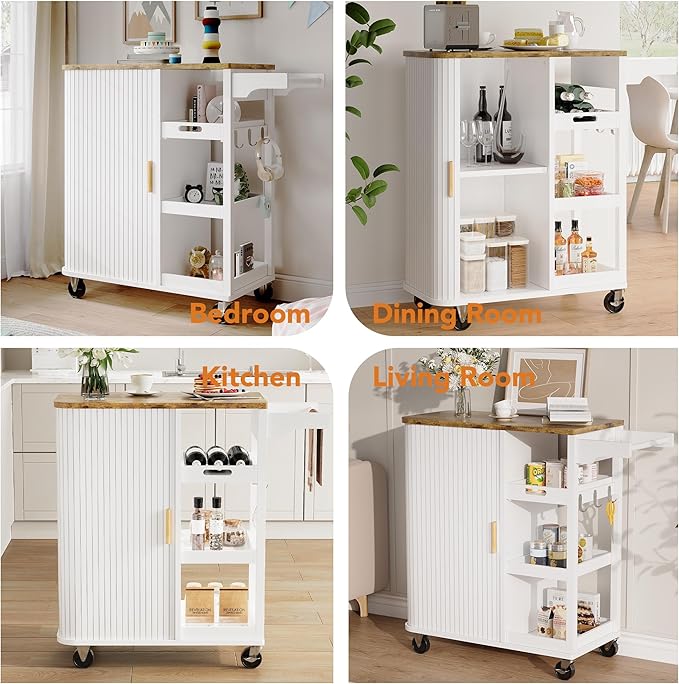 Small Rolling Kitchen Island Cart with Sliding Doors, 35.3“ Mobile Kitchen with Storage, Adjustable Height Shelves, Locking Casters Storage Island Table for Kitchen, Living Room, Dining Room（White）