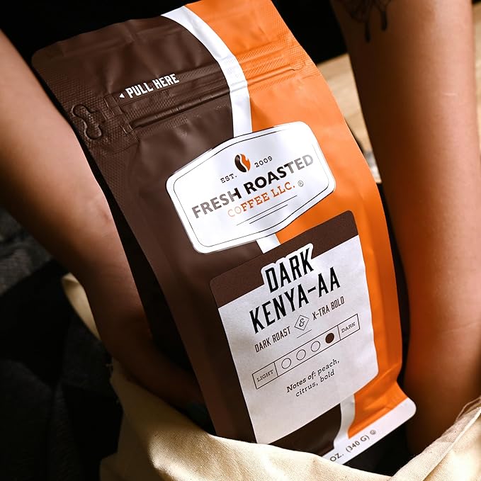 Fresh Roasted Coffee, Dark Kenya AA, 12 oz, Dark Roast, Kosher, Whole Bean